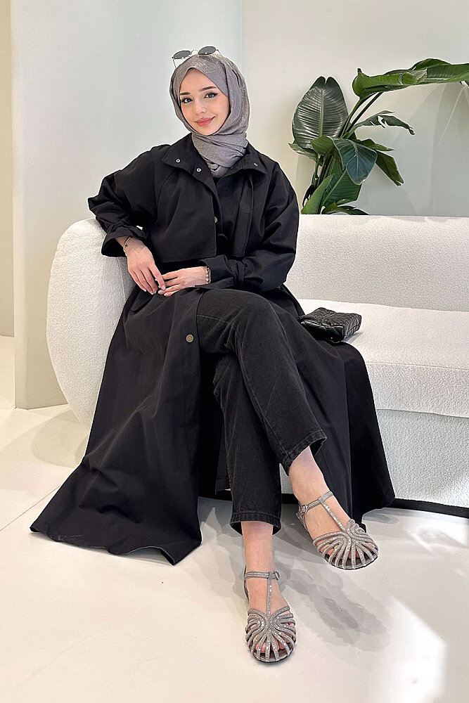 Lyon Beli Büzgülü Trençkot - Siyah - 2