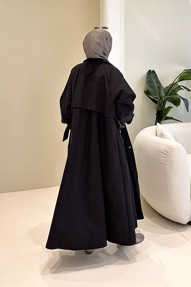 Lyon Beli Büzgülü Trençkot - Siyah - 8