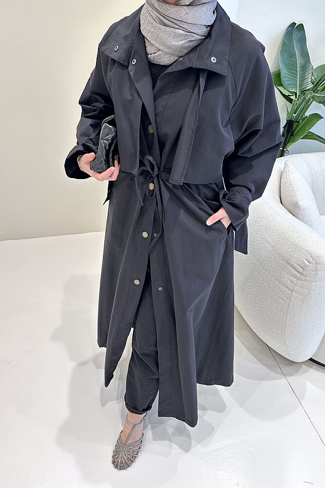 Lyon Beli Büzgülü Trençkot - Siyah - ALLMİSS (2)