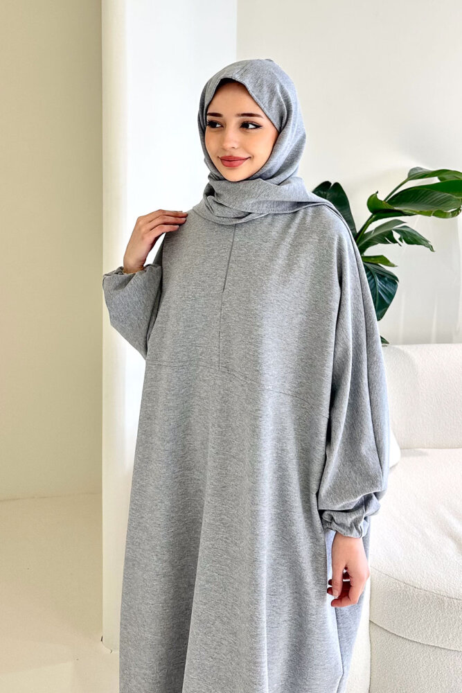 Mahya Seyyar Başörtülü Penye Elbise - Gri - 6