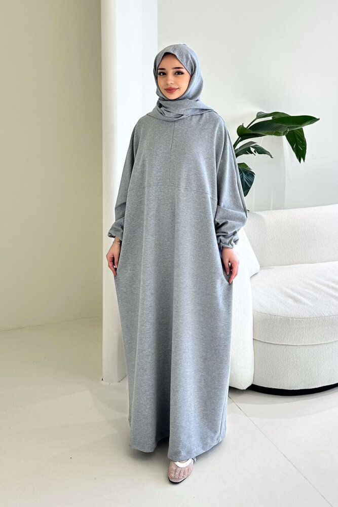 Mahya Seyyar Başörtülü Penye Elbise - Gri - 1