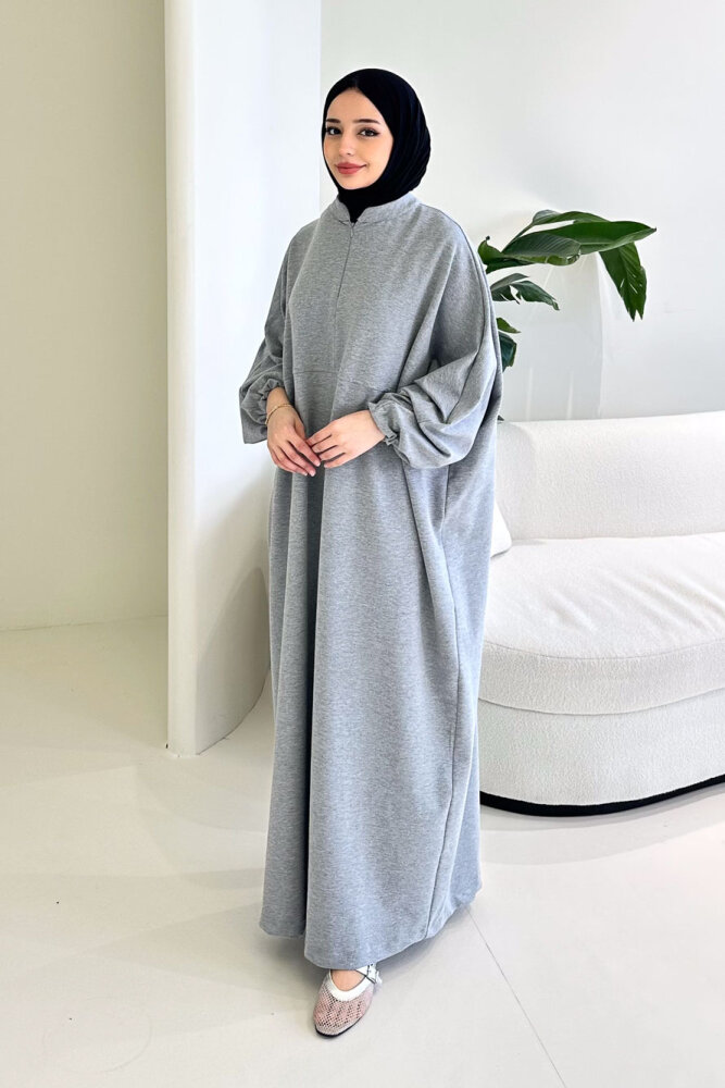 Mahya Seyyar Başörtülü Penye Elbise - Gri - 3