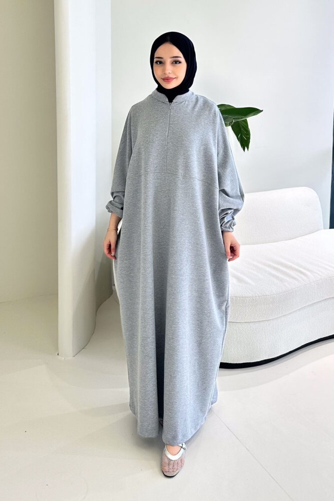 Mahya Seyyar Başörtülü Penye Elbise - Gri - 7