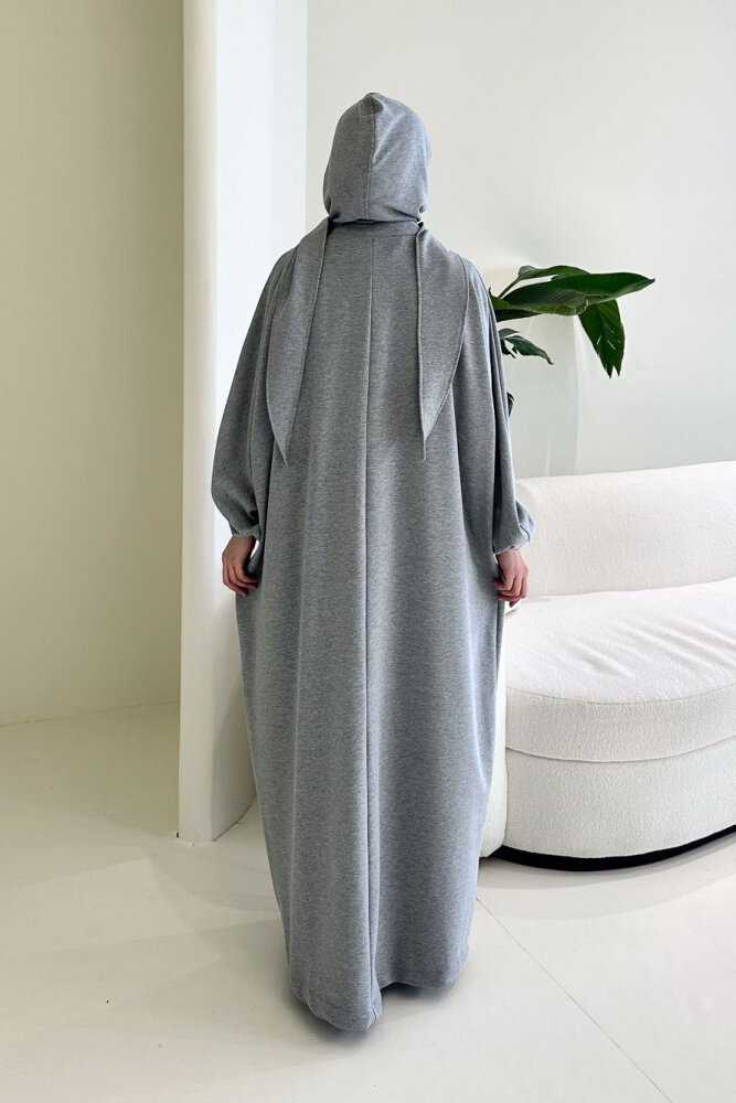 Mahya Seyyar Başörtülü Penye Elbise - Gri - 8