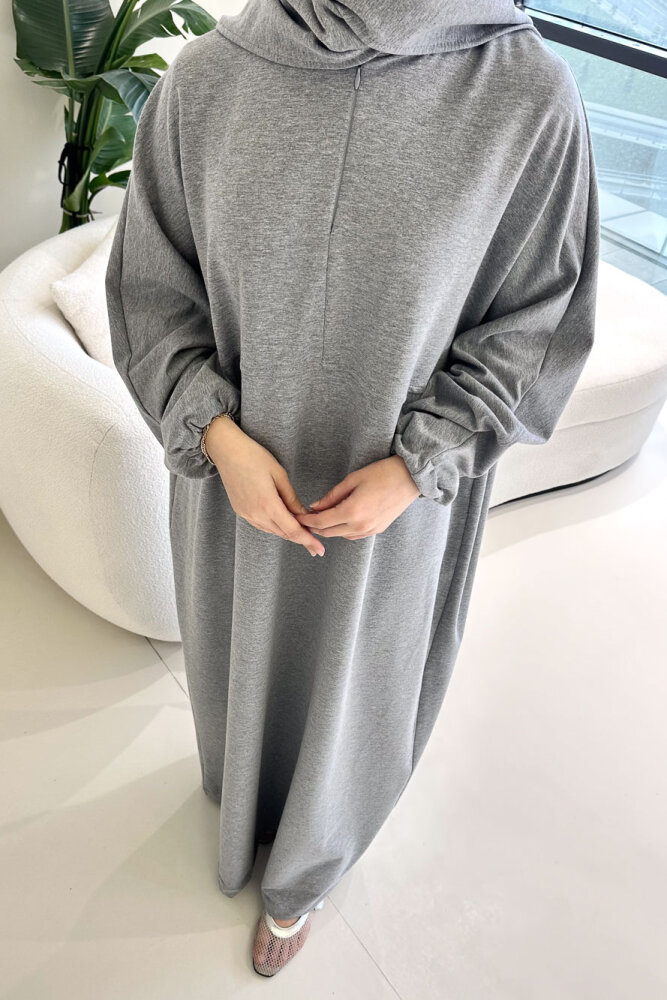 Mahya Seyyar Başörtülü Penye Elbise - Gri - 5