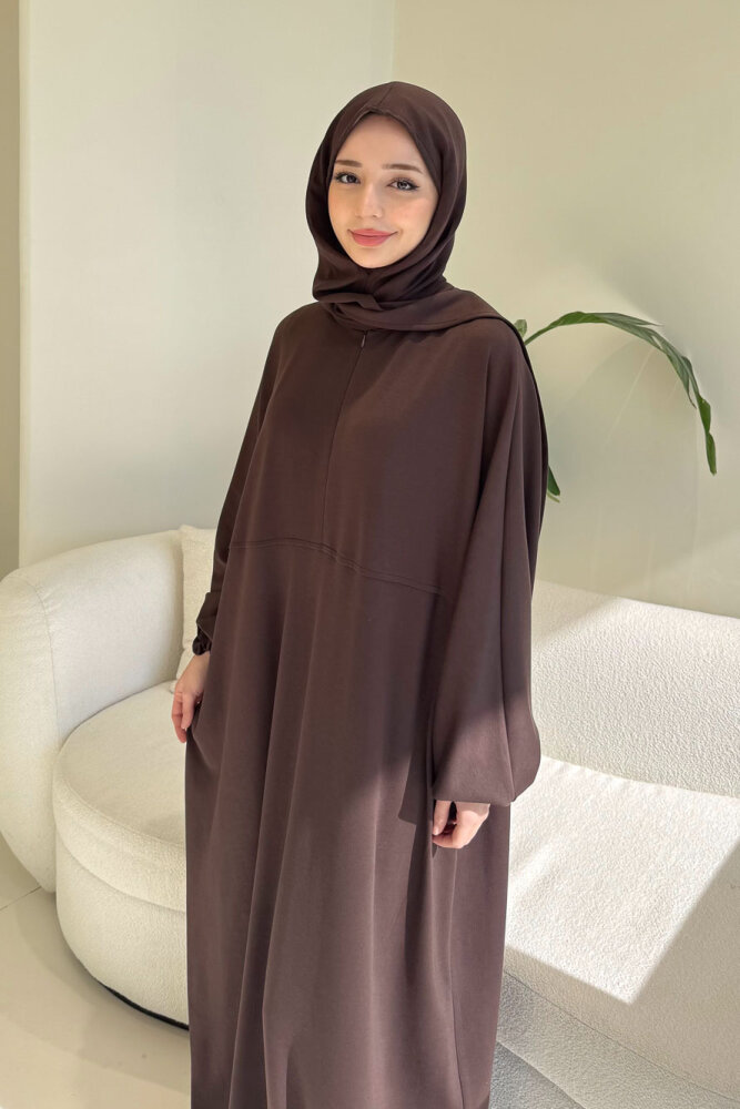 Mahya Seyyar Başörtülü Penye Elbise - Kahverengi - 3