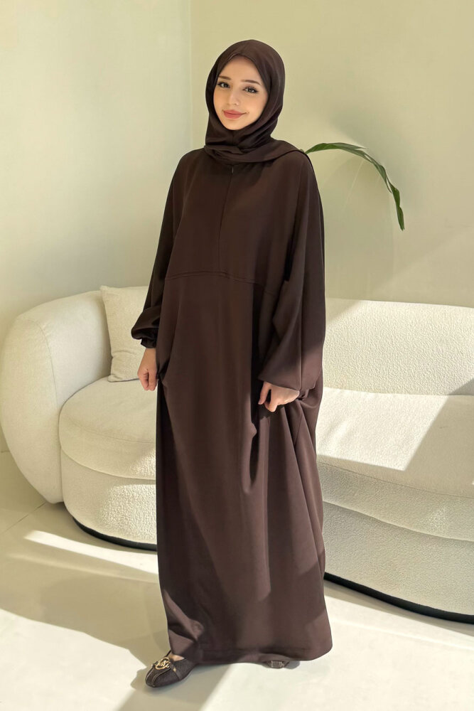 Mahya Seyyar Başörtülü Penye Elbise - Kahverengi - 7