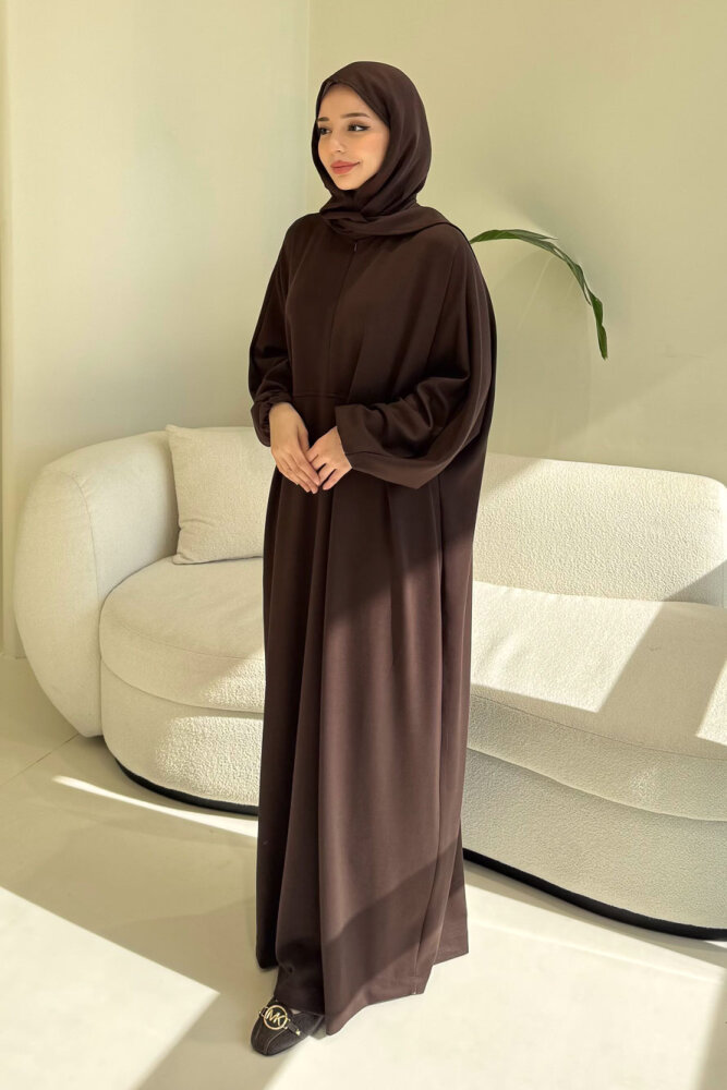 Mahya Seyyar Başörtülü Penye Elbise - Kahverengi - 1