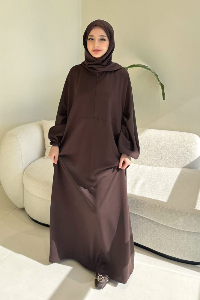 Mahya Seyyar Başörtülü Penye Elbise - Kahverengi - 4