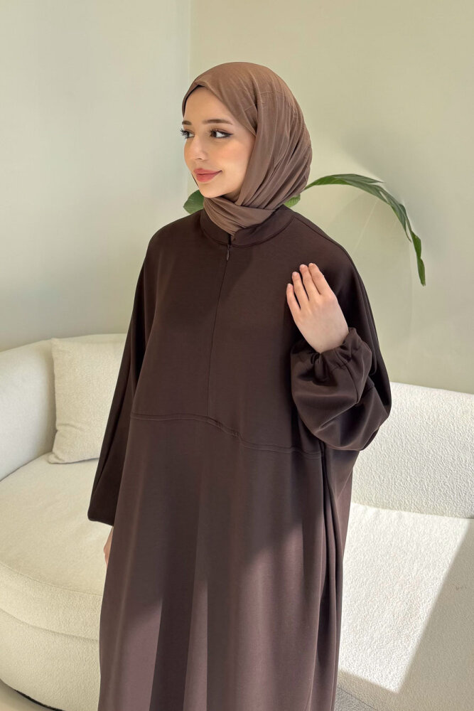 Mahya Seyyar Başörtülü Penye Elbise - Kahverengi - 9