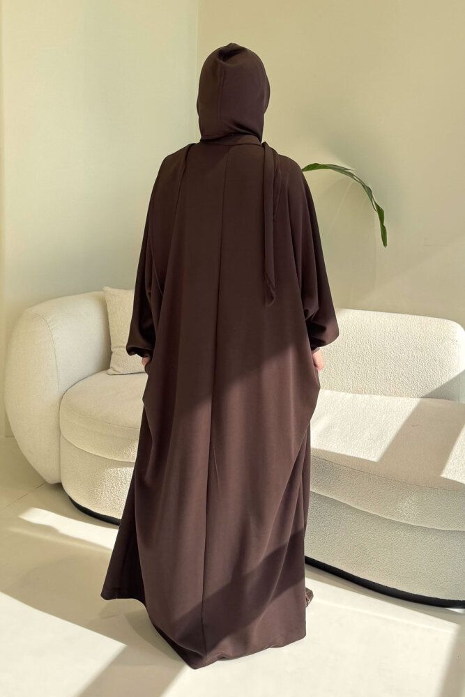 Mahya Seyyar Başörtülü Penye Elbise - Kahverengi - 6