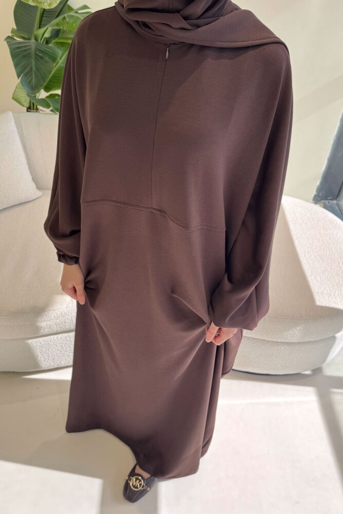 Mahya Seyyar Başörtülü Penye Elbise - Kahverengi - ALLMİSS (4)
