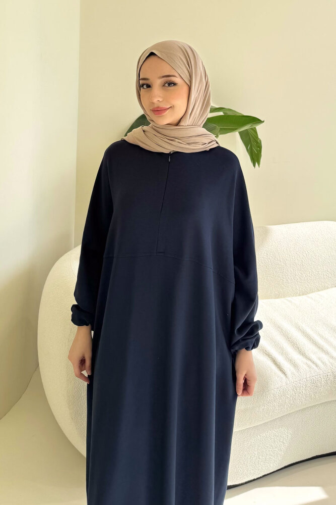 Mahya Seyyar Başörtülü Penye Elbise - Lacivert - 8