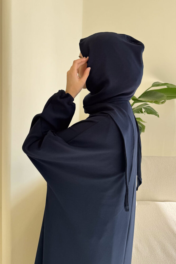 Mahya Seyyar Başörtülü Penye Elbise - Lacivert - 2