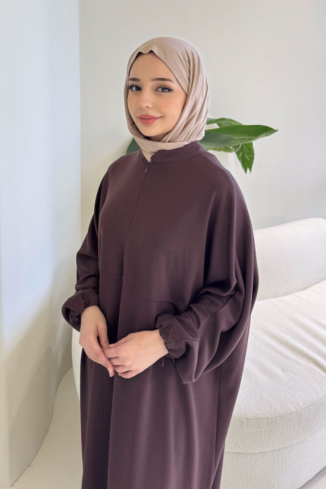 Mahya Seyyar Başörtülü Penye Elbise - Mürdüm - 6