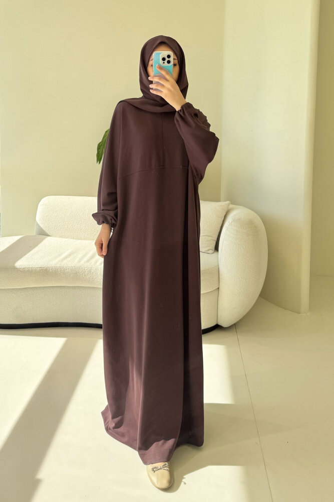 Mahya Seyyar Başörtülü Penye Elbise - Mürdüm - 10