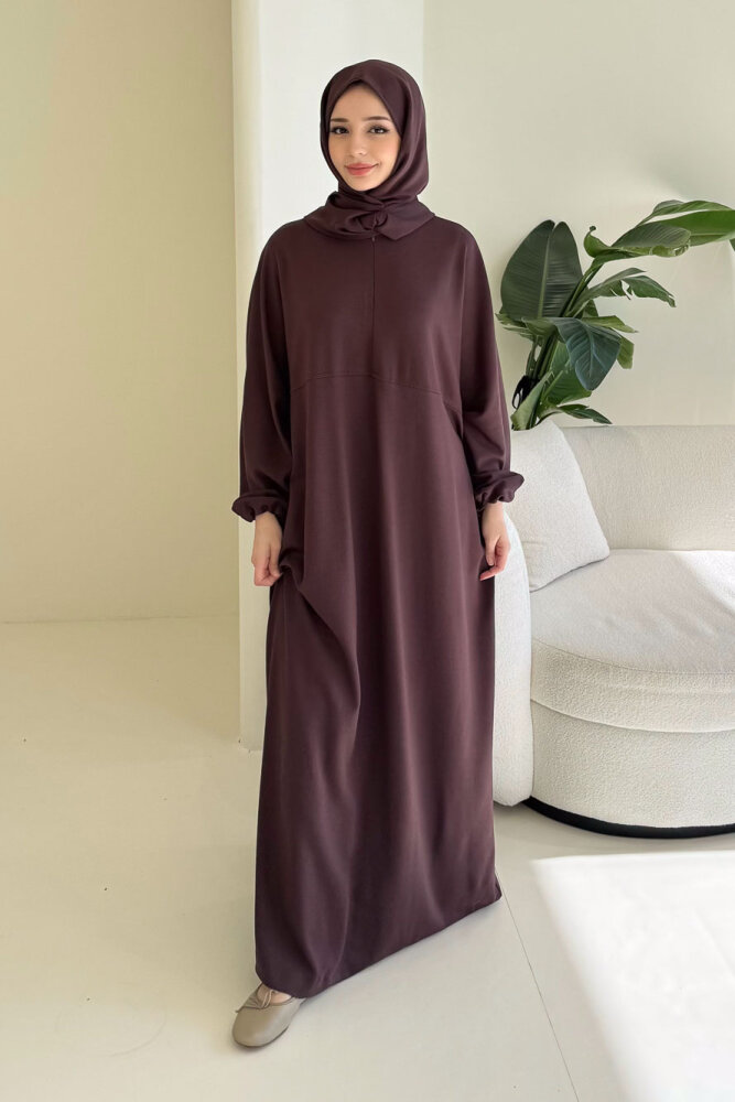 Mahya Seyyar Başörtülü Penye Elbise - Mürdüm - 8