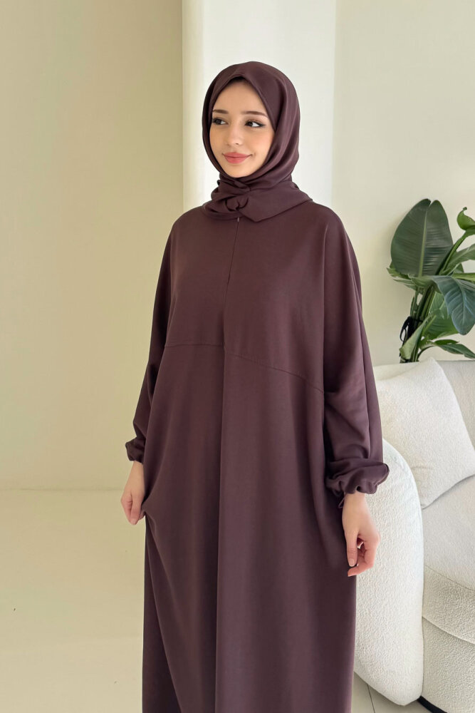 Mahya Seyyar Başörtülü Penye Elbise - Mürdüm - 9