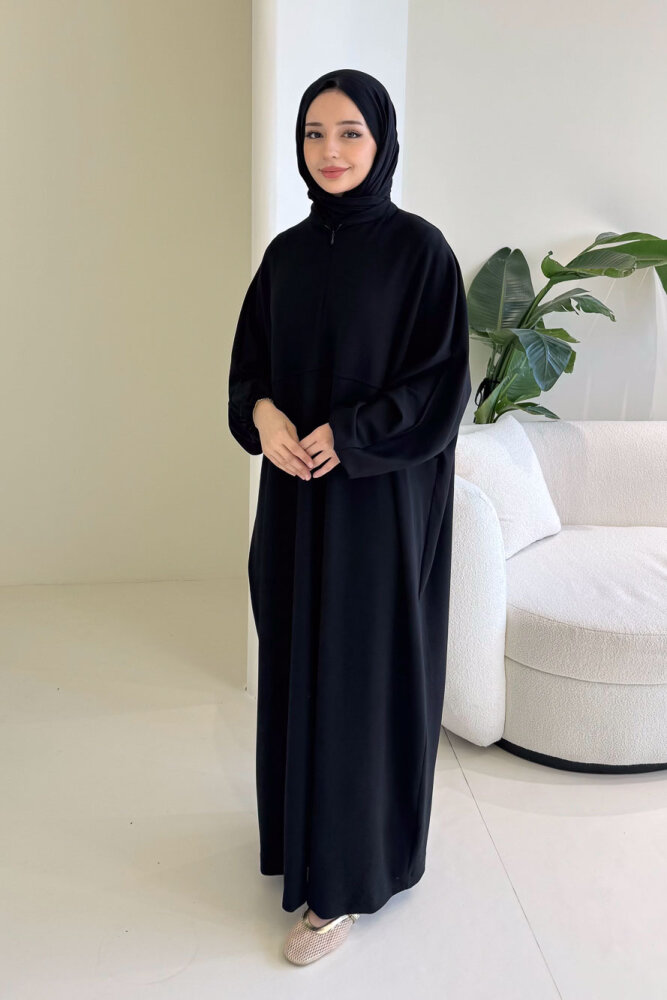 Mahya Seyyar Başörtülü Penye Elbise - Siyah - 4