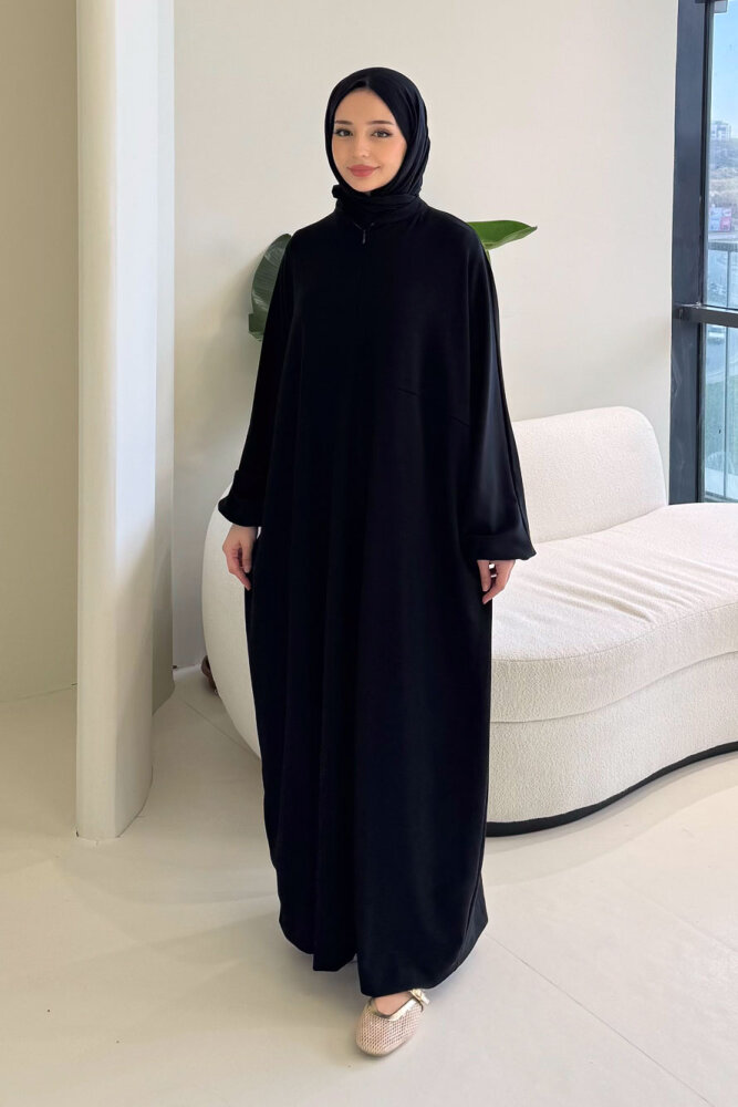 Mahya Seyyar Başörtülü Penye Elbise - Siyah - 6