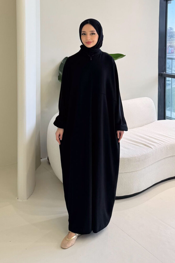 Mahya Seyyar Başörtülü Penye Elbise - Siyah - 7