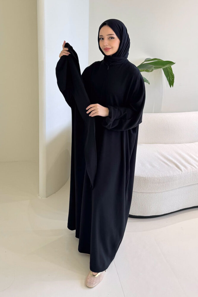 Mahya Seyyar Başörtülü Penye Elbise - Siyah - ALLMİSS (1)