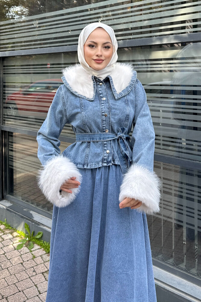 Manşet Kürk Detaylı Denim Takım - Açık Mavi - 1