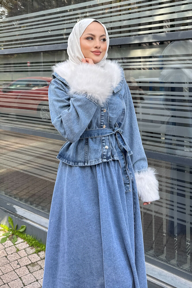 Manşet Kürk Detaylı Denim Takım - Açık Mavi - 5