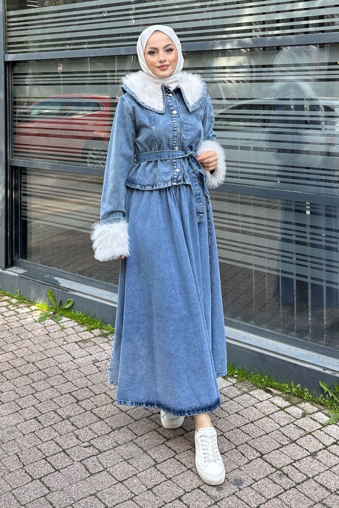 Manşet Kürk Detaylı Denim Takım - Açık Mavi - 4