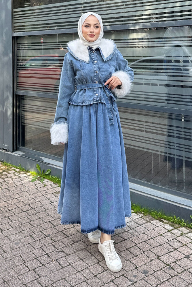 Manşet Kürk Detaylı Denim Takım - Açık Mavi - HENZA (5)