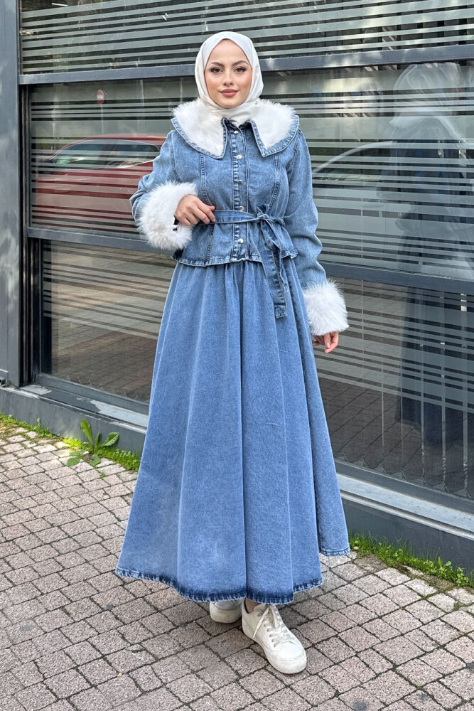 Manşet Kürk Detaylı Denim Takım - Açık Mavi - 8