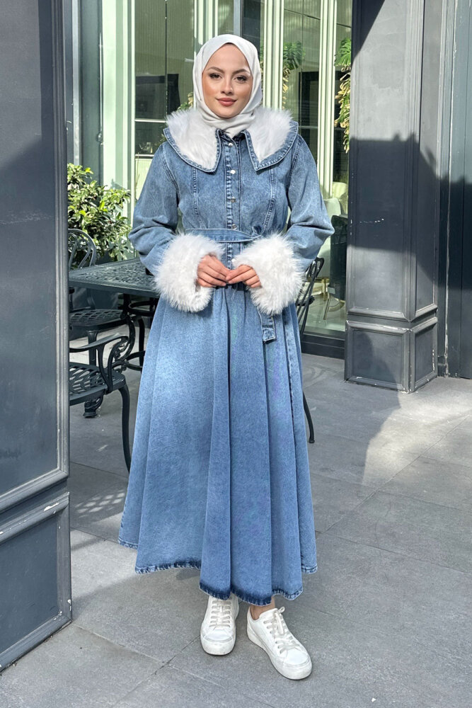 Manşet Kürk Detaylı Denim Takım - Açık Mavi - HENZA (1)