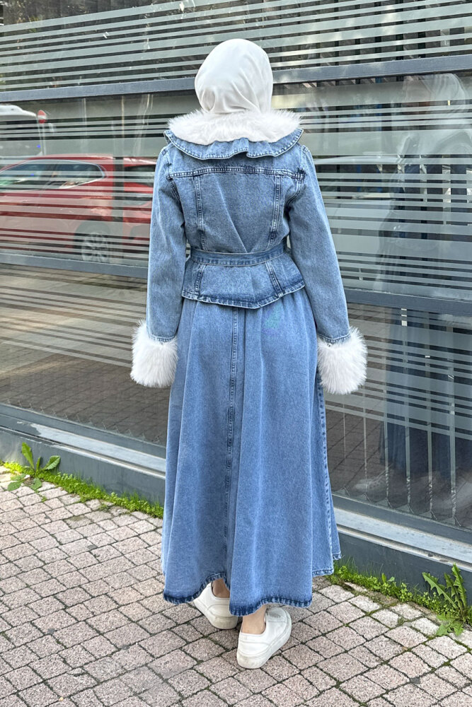 Manşet Kürk Detaylı Denim Takım - Açık Mavi - 7