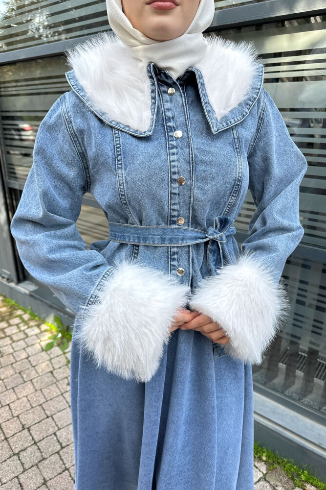Manşet Kürk Detaylı Denim Takım - Açık Mavi - HENZA (2)