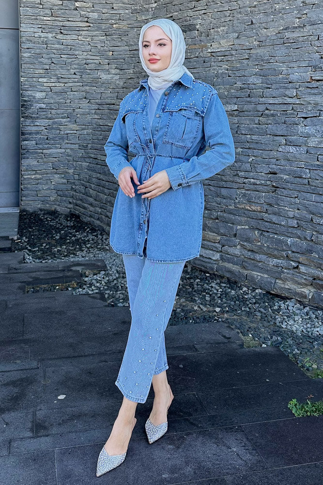Marbella Taşlı Kemerli Ceket - Açık Mavi - MY MAGAZİN (3)