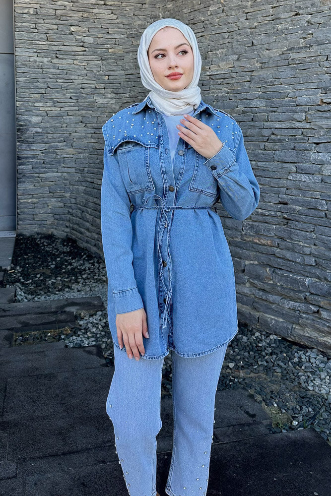 Marbella Taşlı Kemerli Ceket - Açık Mavi - MY MAGAZİN (1)