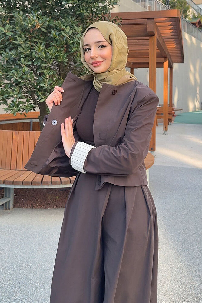 Maren Çizgi Detaylı Etek Pantolon Takım - Kahverengi - 2