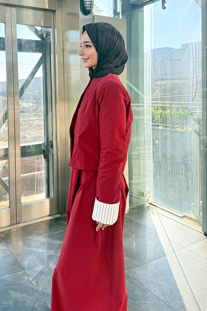Maren Çizgi Detaylı Etek Pantolon Takım - Kırmızı - 3