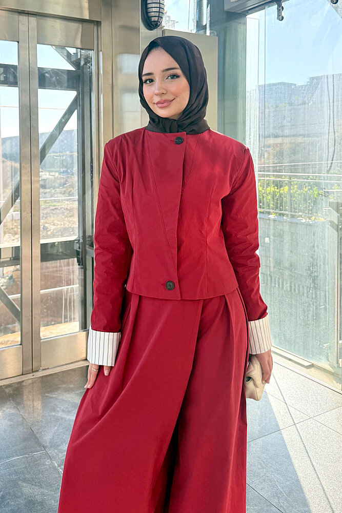 Maren Çizgi Detaylı Etek Pantolon Takım - Kırmızı - HEWES (1)