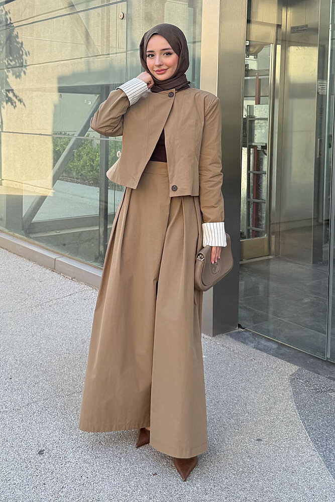 Maren Çizgi Detaylı Etek Pantolon Takım - Yağ Yeşili - 1