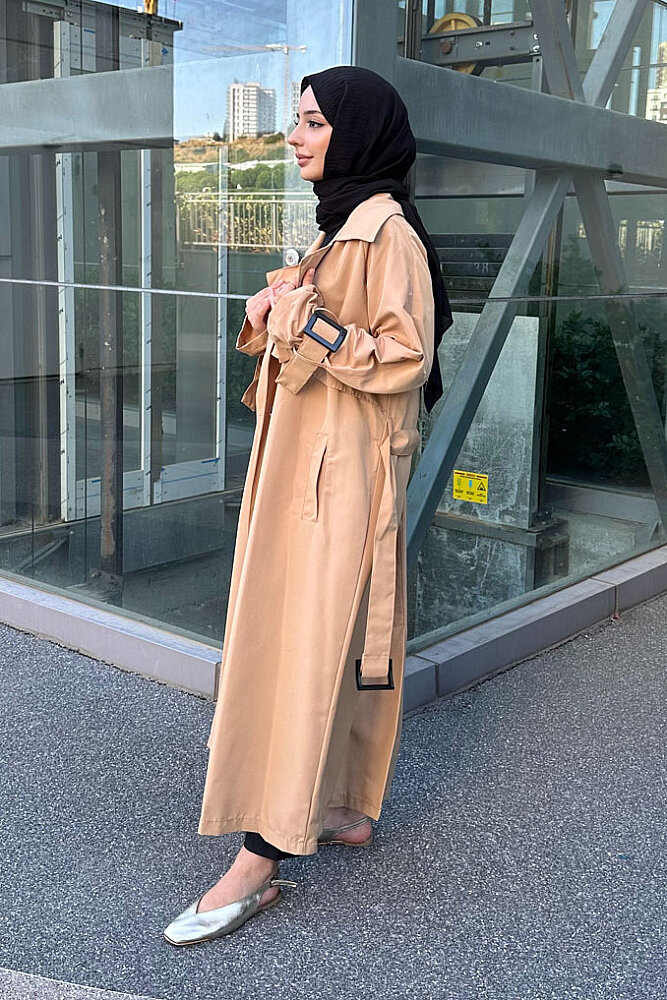 Maribel Kanvas Kemerli Trençkot - Camel - 8