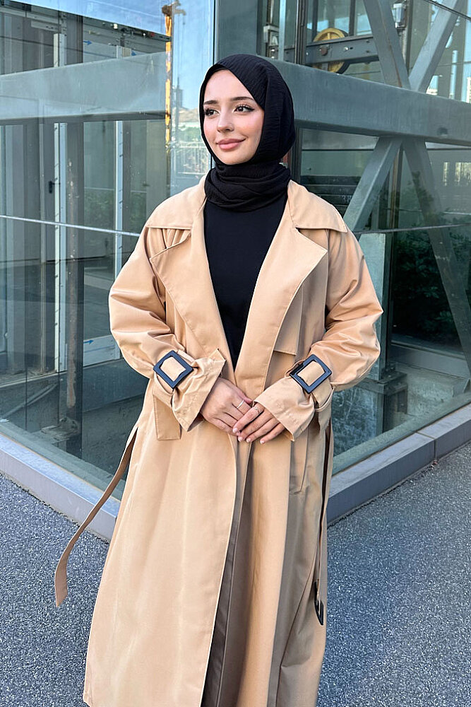Maribel Kanvas Kemerli Trençkot - Camel - 7