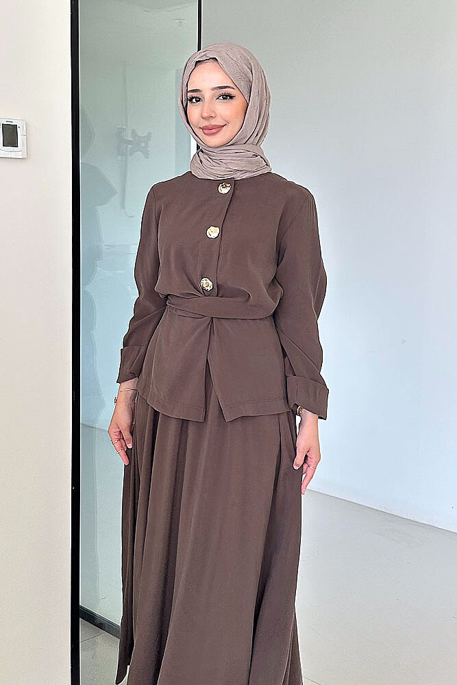Mariselle Bağlamalı Gold Çıtçıtlı Etek Takım - Kahverengi - İKOL (1)