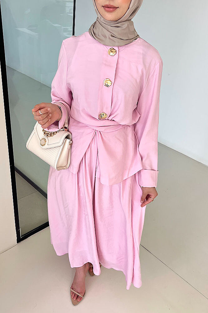 Mariselle Bağlamalı Gold Çıtçıtlı Etek Takım - Pembe - 2