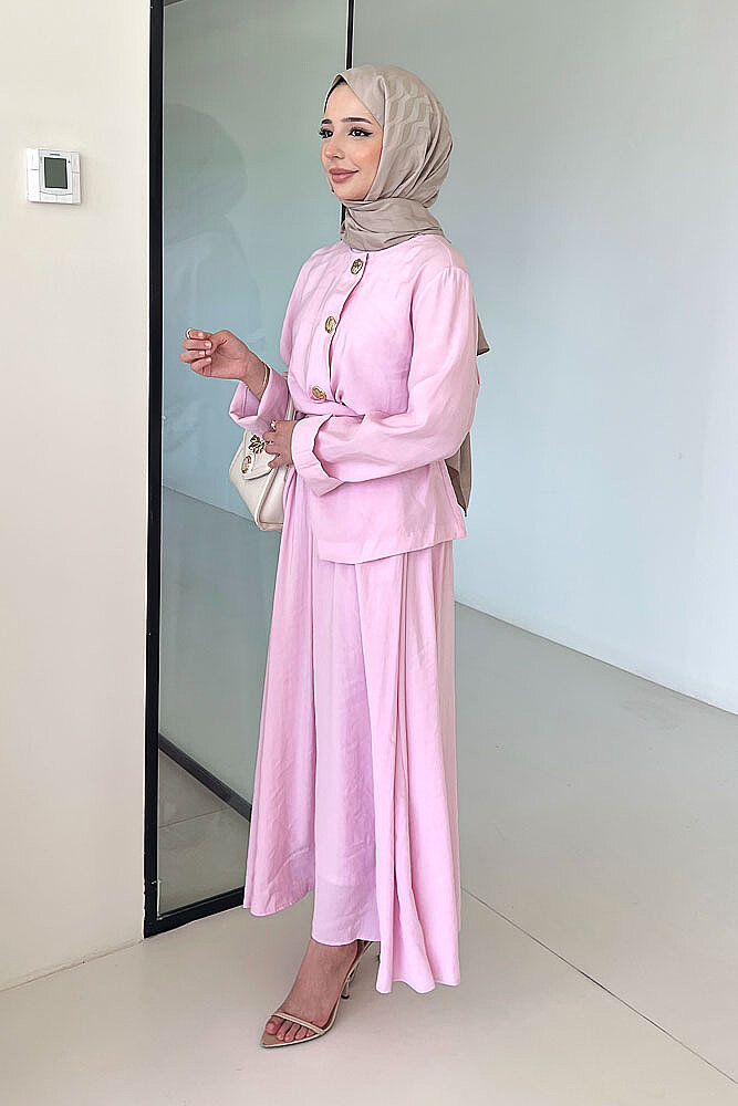 Mariselle Bağlamalı Gold Çıtçıtlı Etek Takım - Pembe - İKOL (3)