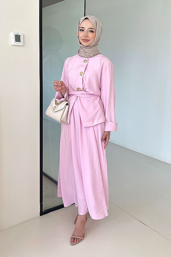 Mariselle Bağlamalı Gold Çıtçıtlı Etek Takım - Pembe - İKOL (5)