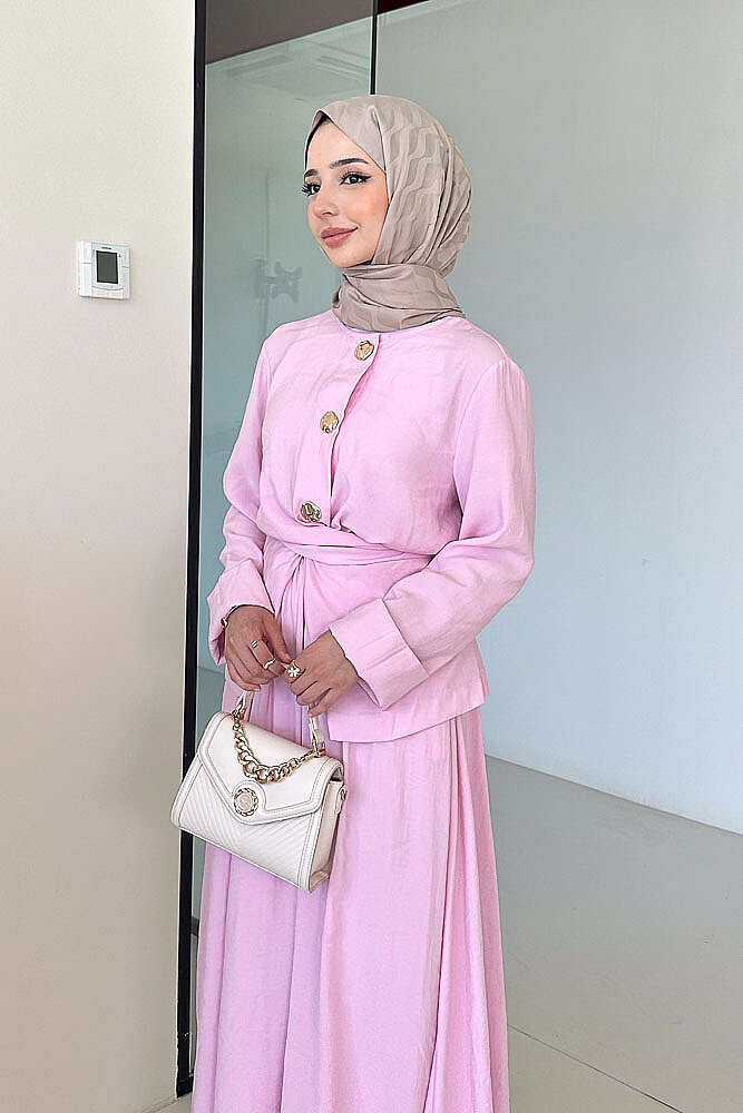 Mariselle Bağlamalı Gold Çıtçıtlı Etek Takım - Pembe - İKOL (2)