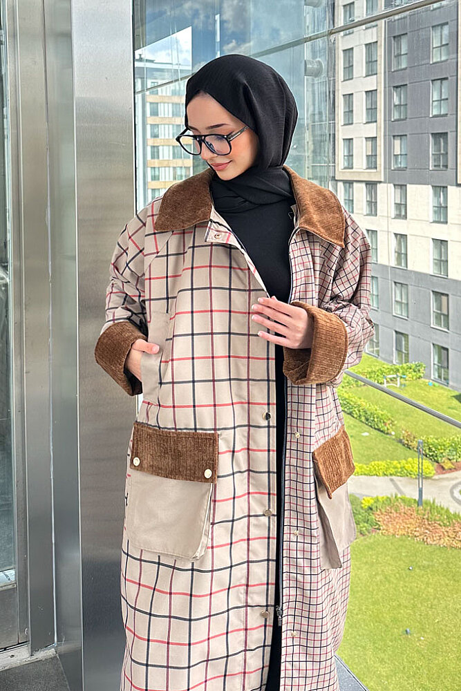 Maya Kadife Yakalı Ekose Trenç - Bej - ALLMİSS (0)
