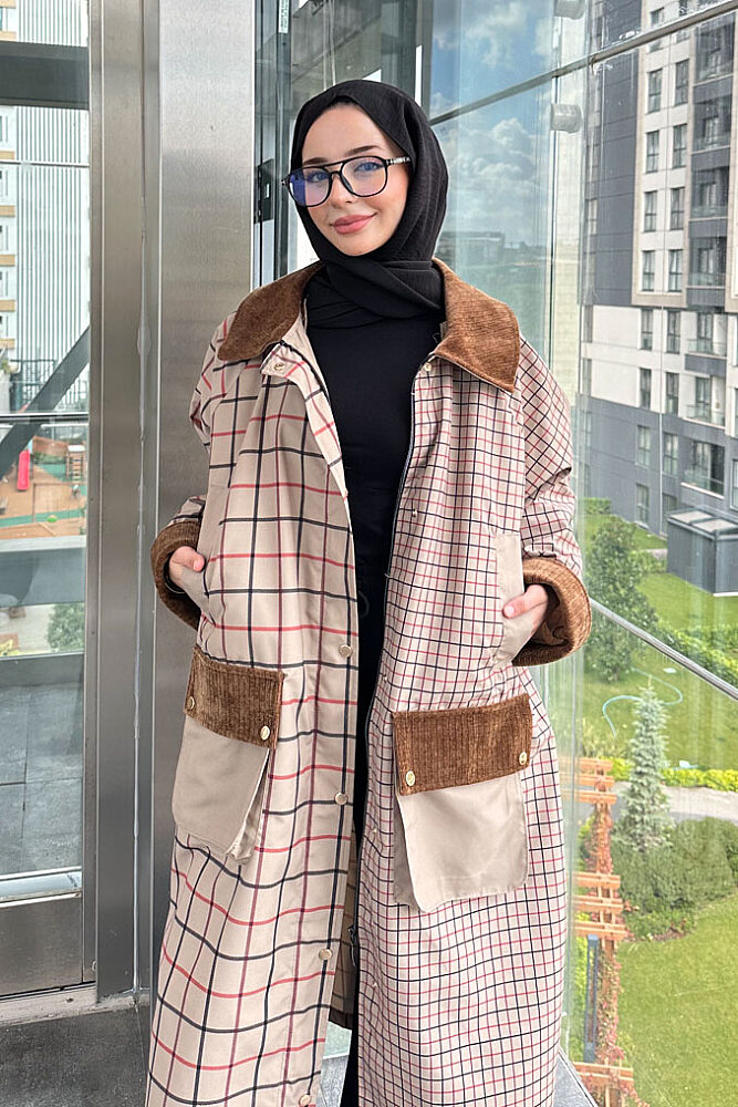 Maya Kadife Yakalı Ekose Trenç - Bej - 4