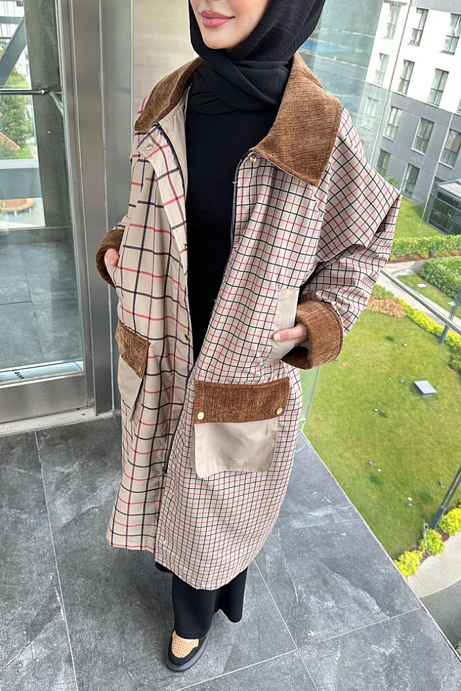 Maya Kadife Yakalı Ekose Trenç - Bej - ALLMİSS (2)